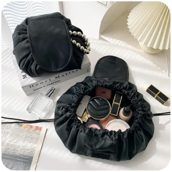 Black Large Capacity Makeup Bag Travel Cosmetic Bag Adjustable Drawstring Shower Bag Portable Bathroom Essentials Organizer
