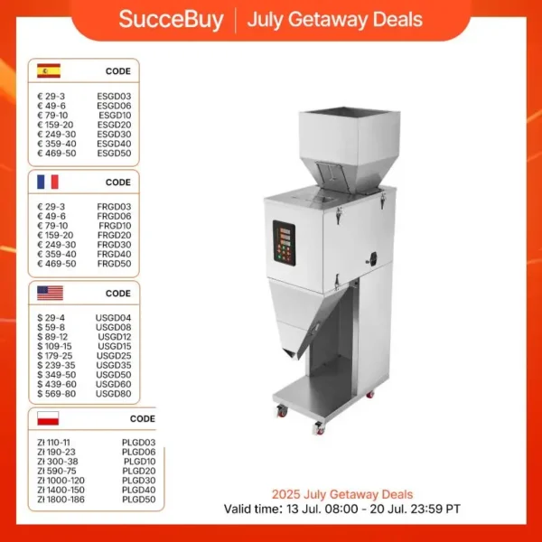 SucceBuy 10-999g Particle Filling Machine Automatic Powder Weighing Filler with Foot Pedal for Beans Seeds Tea Granular Packing
