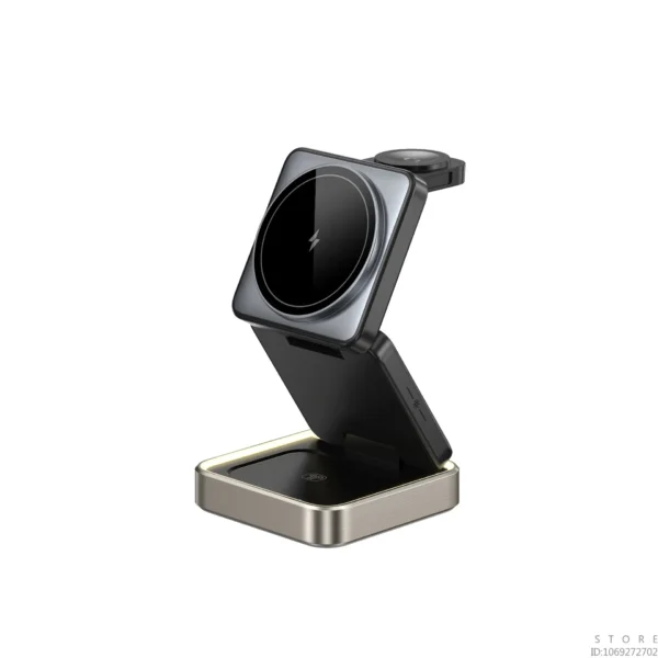 3 in 1 Wireless Magnetic Charger Metal Base with Foldable Design,with Ambient Light for Iphone,earphone,Watch 3 Devices Charger